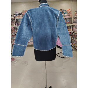 Blazer en velours côtelé bleu pour femme, col châle, manches trois quarts, longueur courte, couleur unie, vêtement d'automne, cadeau pour elle - Product Image 6
