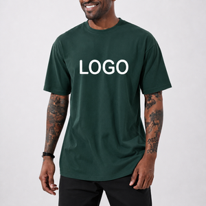 T-shirt à manches courtes en coton vert foncé et blanc pour homme, imprimé logo sur le devant, style décontracté, col rond, coupe classique, tricoté - Product Image 1
