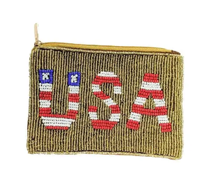 Handmade Beaded Mini <b>Coin</b> <b>Purse</b> USA Flag Design Zipper Closure Unisex National Style - Product Image 1