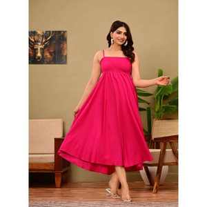 Robe longue moderne pour femme 100 % coton, coupe empire au niveau du genou, corsage smocké, décolleté cœur, dos nu, écologique, séchage rapide - Product Image 4