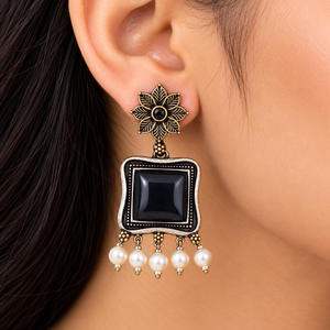 Pendientes Colgantes Vintage con Flores y Piedra Ónix, Perlas de Imitación con Engaste en Bisel, Baño de Bronce Antiguo, para Mujer, ¡Gran Venta! - Product Image 4