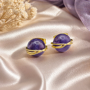 Amethyst Gemstone Stud Earrings | Handmade Wire <b>Wrapped</b> | February Birthstone <b>Gift</b> - Product Image 1