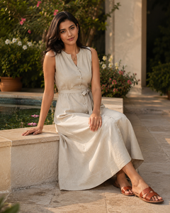Robe midi sans manches en coton beige |   Robes d'été à boutons devant, coupe trapèze, avec ceinture |   Robe à col en V mandarin avec poches - Product Image 3