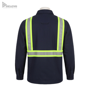 Chemise de travail de sécurité bleu marine personnalisée OEM, coton et polyester sergé, double poche à rabat, coutures fluorescentes, chemise de sécurité réfléchissante - Product Image 4