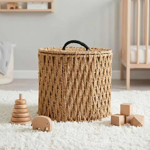 Natural Paper Rope Storage <b>Basket</b> <b>with</b> <b>Lid</b> and Handle Rustic Wicker Organizer Decorative Home Laundry Toy Storage <b>Basket</b> - Product Image 6