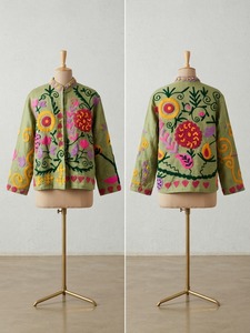 Chaqueta Suzani Tradicional Verde Claro para Mujer, Hecha a Mano con Tela TNT, Bordado Floral Artístico, Estilo Étnico Boho - Product Image 6