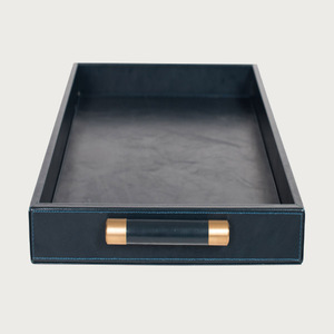 Bandeja rectangular de cuero con asas de metal, bandeja de cuero rectangular con asas de latón, bandeja de cuero de grano corrugado azul oscuro - Product Image 2