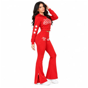 Nouveautés : Survêtement rouge à capuche pour femme, fermeture éclair intégrale, style streetwear décontracté avec poches latérales, impression par transfert thermique - Product Image 5