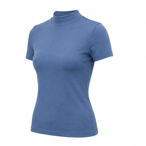 T-shirt personnalisé bleu ardoise pour femme, coupe ajustée, col montant, manches courtes, en jersey de coton peigné lisse - Product Image 3