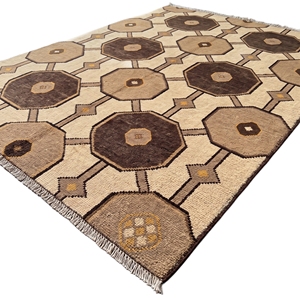 Tapis en laine géométrique floral noué à la main, marron beige - Product Image 3