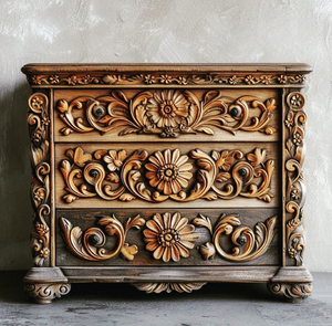 Hand-carved rustic wooden three-drawer chest with detailed floral motifs cansole <b>table</b>, available at wholesale prices. - Product Image 1