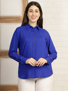 Women's Classic Blue Button Down <b>Shirt</b> Full Sleeve Cotton Poplin <b>Office</b> Blouse Regular Fit Solid Color - Product Image 2