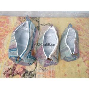 Handmade Casual Quilted Silk Screen Printed Tassel Pattern Kantha Pouch Set Artisan Eco-Friendly Cotton Cosmetic Zipper Soft - Product Image 5