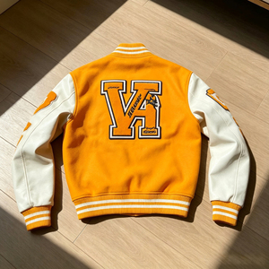 Blouson universitaire en cuir pour homme, orange et blanc, avec patch brodé lettre, style preppy, col rabattu, respirant, idéal pour l'automne - Product Image 5