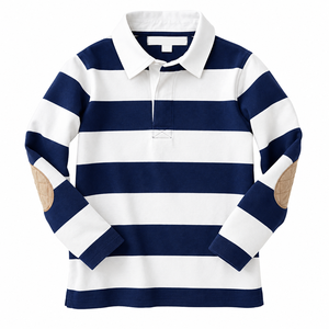 Custom Men's Short Sleeve <b>Navy</b> <b>Blue</b> White Solid Heavyweight 100% Polyester Rugby <b>Shirt</b> Vintage for Collar Elbow Patches Casual - Product Image 1