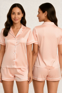 Ensemble de pyjama en satin bleu à pois pour femmes, manches courtes, col rabattu, fermeture à boutons, vêtements de nuit d'été - Product Image 2