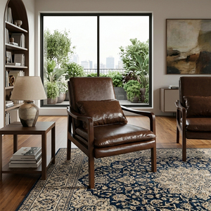 Fauteuil en cuir marron avec pieds en bois, style mid-century modern, pour salon, meubles MT, garantie 3 ans, rembourrage en mousse - Product Image 1