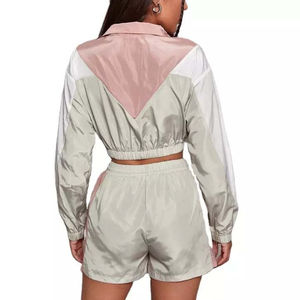 Cropped Racer Jacket Set With Full Sleeves Contrast Color Breathable Polyester Tracksuit For Women All Seasons Casual Style - Product Image 2