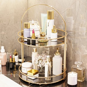 Organizador de Cosméticos Redondo Moderno con Marco Dorado y Estantes de Vidrio para Baño - Product Image 4