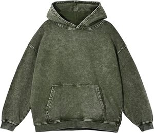 Oversized Hooded Sweatshirt <b>Men</b> Solid Green Cotton Fleece Eco-Friendly Acid Wash Pocket Design Spring Casual Fit Regular Length - Product Image 1