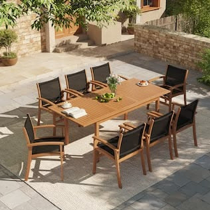 Ensemble de jardin minimaliste en teck, mobilier de patio extérieur, 6 places, table et chaises contemporaines en bois massif, résistant aux intempéries - Product Image 1