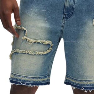 Shorts en jean bleu clair respirant pour homme, coupe ample, longueur genou, en coton, décontracté, style streetwear, détails déchirés, ourlet brut, été - Product Image 5