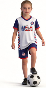 ชุดเสื้อฟุตบอลผู้ใหญ่ USA พร้อมกางเกงขาสั้น พิมพ์ลายดิจิทัล คอวี ระบายอากาศได้ดี เป็นมิตรกับสิ่งแวดล้อม ผลิตจากโพลีเอสเตอร์ 100% ทรงปกติ สำหรับฤดูร้อน - Product Image 2