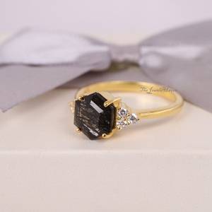 Natural Black Rutilated <b>Quartz</b> <b>Ring</b> <b>Quartz</b> Hexagon <b>Ring</b> Personalized Gifts Black Rutilated <b>Ring</b> Hexagon Wedding <b>Ring</b> Vintage - Product Image 2