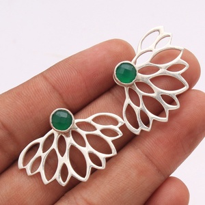 925 Sterling <b>Silver</b> Green Onyx Lotus Fan <b>Stud</b> <b>Earrings</b> for Women Handmade Gemstone Designer Statement Wholesale <b>Studs</b> - Product Image 2