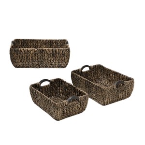 Farmhouse Handwoven Eco-Friendly Water Hyacinth Nesting Storage <b>Baskets</b> Wood <b>Handles</b> Bohemian Rustic Style Multifunction <b>Basket</b> - Product Image 4