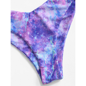 Ensemble bikini imprimé galaxie pour femme, haut bandeau et bas string, maillot de bain 2 pièces en tissu extensible à motif imprimé - Product Image 3