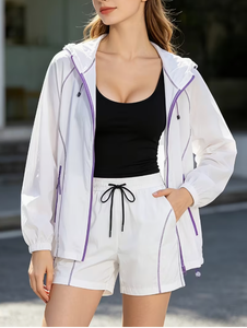 Ensemble décontracté deux pièces pour femme en polyester tricoté à motif uni, respirant, à capuche, coupe ample, tenue d'été - Product Image 5