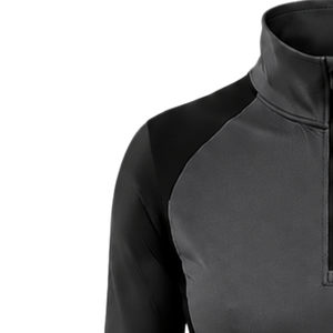 Haut de sport athlétique pour femme à col zippé, gris et noir, à manches longues, ajusté, pour l'entraînement, avec trou pour le pouce, haute performance - Product Image 3