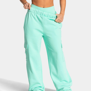 Women's High-Waisted Loose <b>Cargo</b> Sweatpants Mint <b>Green</b> Wide-Leg Elastic Waist Fleece Joggers with Utility Pockets - Product Image 2