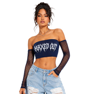 Top Bandeau Gótico con Gráficos para Mujer de Marca Privada, Camiseta Elástica de Punto para Mujer, Mangas de Malla a la Moda para Festivales, Ropa de Club de Moda - Product Image 1