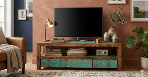 Meuble TV en bois de bateau recyclé durable, 3 tiroirs, nouveau style, modèle moderne, fait main, écologique, support TV en bois recyclé - Product Image 6