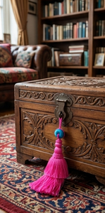 Pink Tassel Curtain <b>Tieback</b> with Turquoise Disc for Dark Blue Drapes - Product Image 5