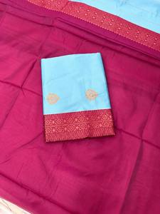 Sari de seda artística con trabajo jacquard, sari de tela de seda lichi suave, sari de seda con pallu rico, blusa de contraste, diseño de diseñador para bodas - Product Image 1