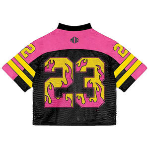 เสื้อฟุตบอลอเมริกันแบบตาข่ายสั่งทำได้ MOQ ต่ำ สีชมพูเปลวไฟ หมายเลข 23 พิมพ์ลายแบบ Sublimation ระบายอากาศได้ดี ชุดทีม OEM ผู้ผลิตขายส่ง - Product Image 6