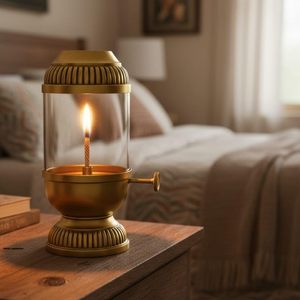 Akhand Jyot Brass Decorative Oil <b>Lamp</b> with Adjustable Bati Holder and Glass Cover 80 ml Gold Finish Akhand Deepak - Product Image 4