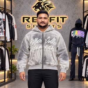 Custom <b>Mens</b> <b>Grey</b> Applique <b>Zip</b> <b>Hoodie</b> Eco-Friendly 370g Heavyweight Fleece Streetwear Casual Spring Apparel Top - Product Image 1