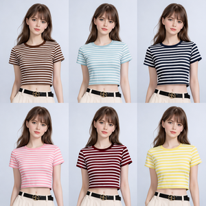 T-shirt Femme Style Doux Col Rond Uni en Maille Spandex/Coton 220gsm Respirant Écologique Anti-Plis Coupe Ajustée Manches Courtes pour l'Été - Product Image 5