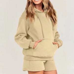 Conjunto de Sudadera con Capucha y Pantalones Cortos de 2 Piezas para Mujer, Color Personalizado, Felpa, Corte Regular Informal, Sólido, para Uso Diario, Algodón, Invierno, Largo, Transpirable - Product Image 6