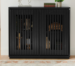 Meuble de rangement moderne en bois noir, buffet étroit, console avec portes à fentes verticales, vente en gros d'usine MDF - Product Image 2