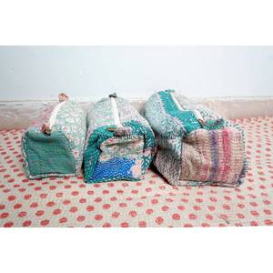 Lot de 3 trousses de toilette matelassées vintage 100 % Kantha avec fermeture éclair et pompons, grand format, écologiques et portables pour femmes - Product Image 2