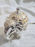 Bol décoratif en forme d'éléphant plaqué argent de luxe, boîte à bijoux en métal antique avec couvercle et cuillère, réutilisable et écologique