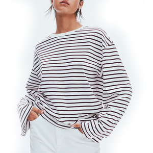 T-shirt femme rayé à manches longues en viscose et coton, col rond, écologique, respirant, léger, essentiel pour la superposition – Prêt pour l'automne - Product Image 6