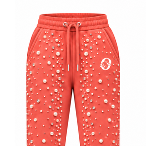 Coral Pearl Beaded <b>Jogger</b> Pants <b>Women</b> Fashion Embellished Drawstring Sweatpants Luxury Casual Streetwear <b>Fleece</b> Bottoms - Product Image 3