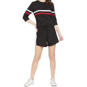 Women's <b>2</b> <b>Piece</b> Knitted Shorts <b>Set</b> Black Red <b>White</b> Striped Crew Neck Three Quarter Sleeve Loose Fit Sporty Casual All Seasons - Product Image 3