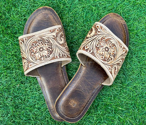 Style occidental véritable fait à la main en cuir véritable usiné femmes décontracté confort tongs plat fleur chaussures ouvert marron orteil sandales - Product Image 4